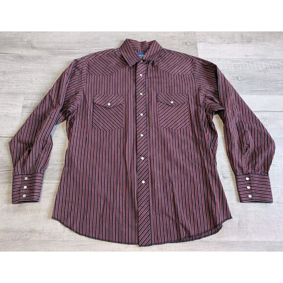 Vintage Wrangler Pearl Snap Long Sleeves Men's Size Large Red Blue Striped - Picture 1 of 7